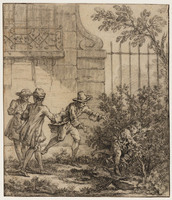 M 025
<br/>
Ragotin, vluchtend voor Rancune, werpt zich in een rozenstruik.
<br/>
<em>Oudry, Jean-Baptiste (1686-1755)</em>